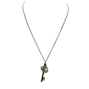 Antique Brass Key Pendant Necklace With Crystal Charm On Long Chain